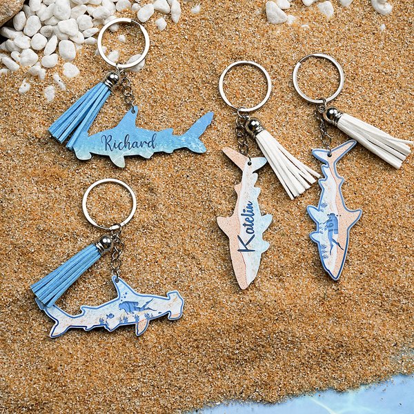 Personalisierte Hammerhai Great White Shark Taucher Acryl Schlüsselanhänger mit Namen und Quaste Geburtstag Tasche Tag Geschenk für Taucher Ozean Liebhaber