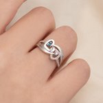 Personalized Double Heart Intertwined Birthstone Sterling Silver Ring with Engraved Text and Zircon Valentine's Day Wedding Gift for Women