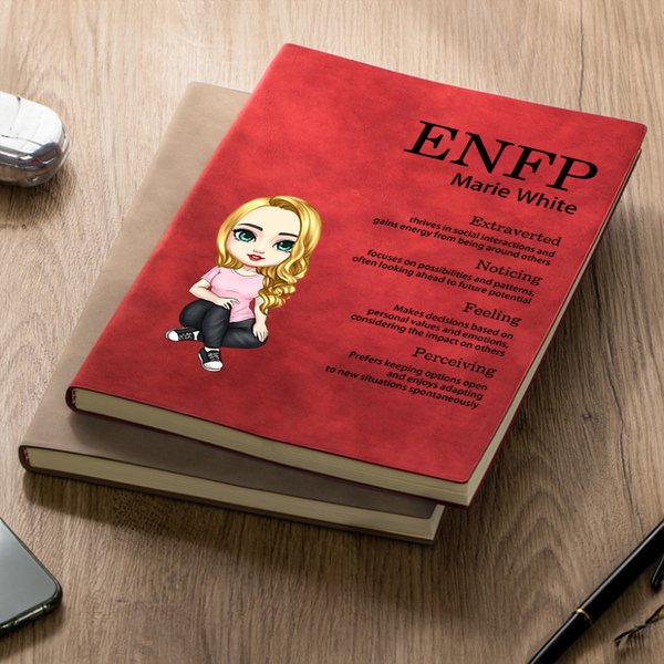 Personalisierte MBTI-Definition Cartoon-Charakter A5 Leder Notizbuch mit Namen Geburtstag Geschenk für Familie
