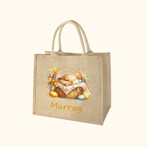 Personalized Cute Sleeping Bunny In A Basket Large Jute Tote Bag with Name Easter Eggs Hunting Birthday Gift for Kids
