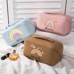 Personalized Watercolour Rainbow Leather Wide Open Makeup Bag with Name Portable Travel Accessories Birthday Gift for Women Girls