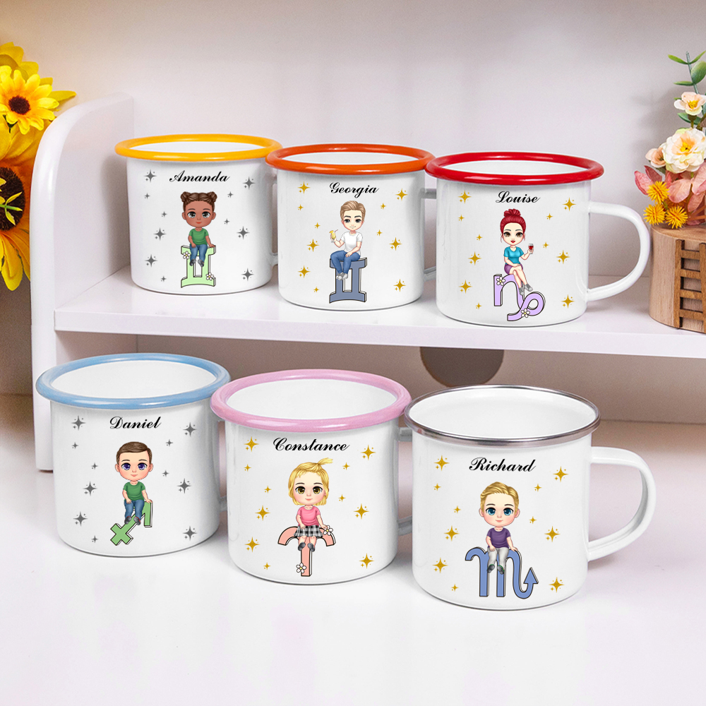 Mug en Émail 350 ml Personnalisé avec Nom Personnage de Dessin Animé et Signe Astrologique Cadeau Anniversaire Rentrée Scolaire pour Amis Famille