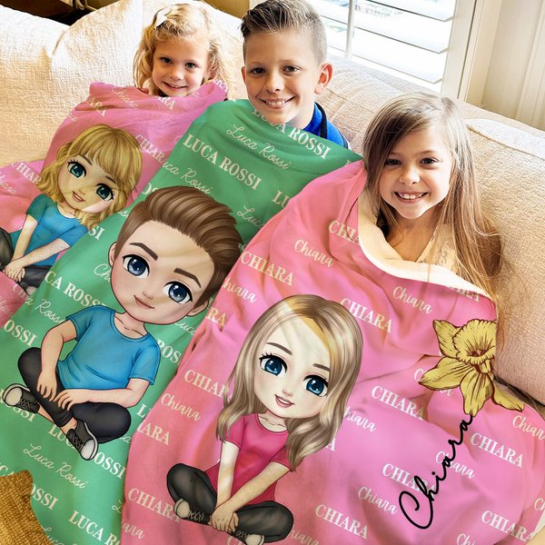Coperta morbida personalizzata con personaggio in stile cartone animato nome e fiore di nascita regalo perfetto per compleanni o Natale per bambini