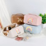 Personalized Watercolour Rainbow Leather Wide Open Makeup Bag with Name Portable Travel Accessories Birthday Gift for Women Girls