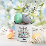 Personalisierte bunte Eier floralen Kreuz 11oz Edelstahl-Emaille-Becher mit Namen Ostern Party Urlaub Geschenk für Jungen Mädchen