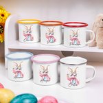 Personalisierte niedliche Sonnenbrille Osterhase Design 12oz Emaille Becher mit Namen Ostern Party Geburtstag Geschenk für Kinder Familie