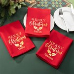 Personalizada 100% Algodón Holly Foil Estampado clásico rojo de Navidad Servilleta de mesa con nombre de oro Decoración de la mesa de vacaciones de Navidad Regalo para la familia amigo