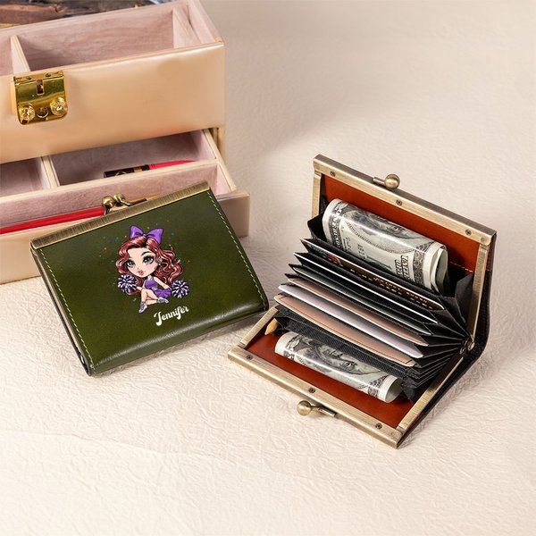 Personalized Fashion Cheerleading Girl Genuine Leather Name Kiss Lock Card Holder with 11 Layers Birthday Graduation Gift for Women Girls