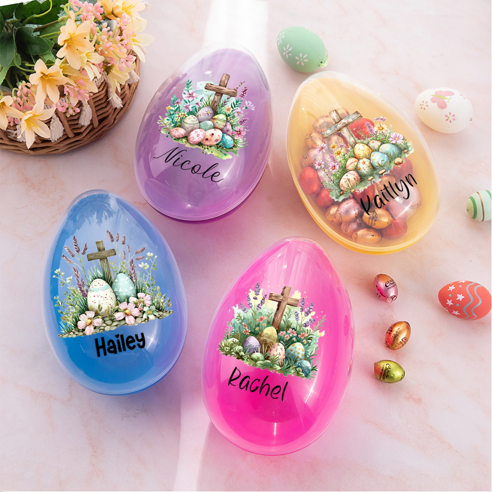 Oeuf de Pâques Jumbo à remplir avec le nom de l'enfant, croix florale colorée personnalisée Cadeau de fête de Pâques pour les enfants