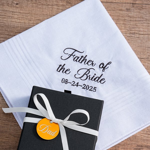 Personalised Embroidered Title Date 100% Cotton Square Handkerchief with Gift Box and Nameplate Wedding Bridal Party Gift for Father Mother