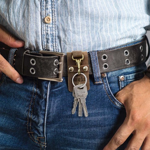 Personalized Vintage Leather Keychain with Engraved Name Belt Accessories Father's Day Birthday Gift for Men