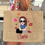 Borsa in iuta personalizzato con nome in rossetto cartone animato ragazza fashion regalo di compleanno della damigella per donne