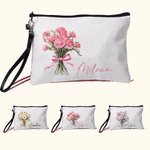 Borsa per il trucco in lino con cinturino da polso personalizzato con nome e fiore di nascita accessori da viaggio per la doccia nuziale
