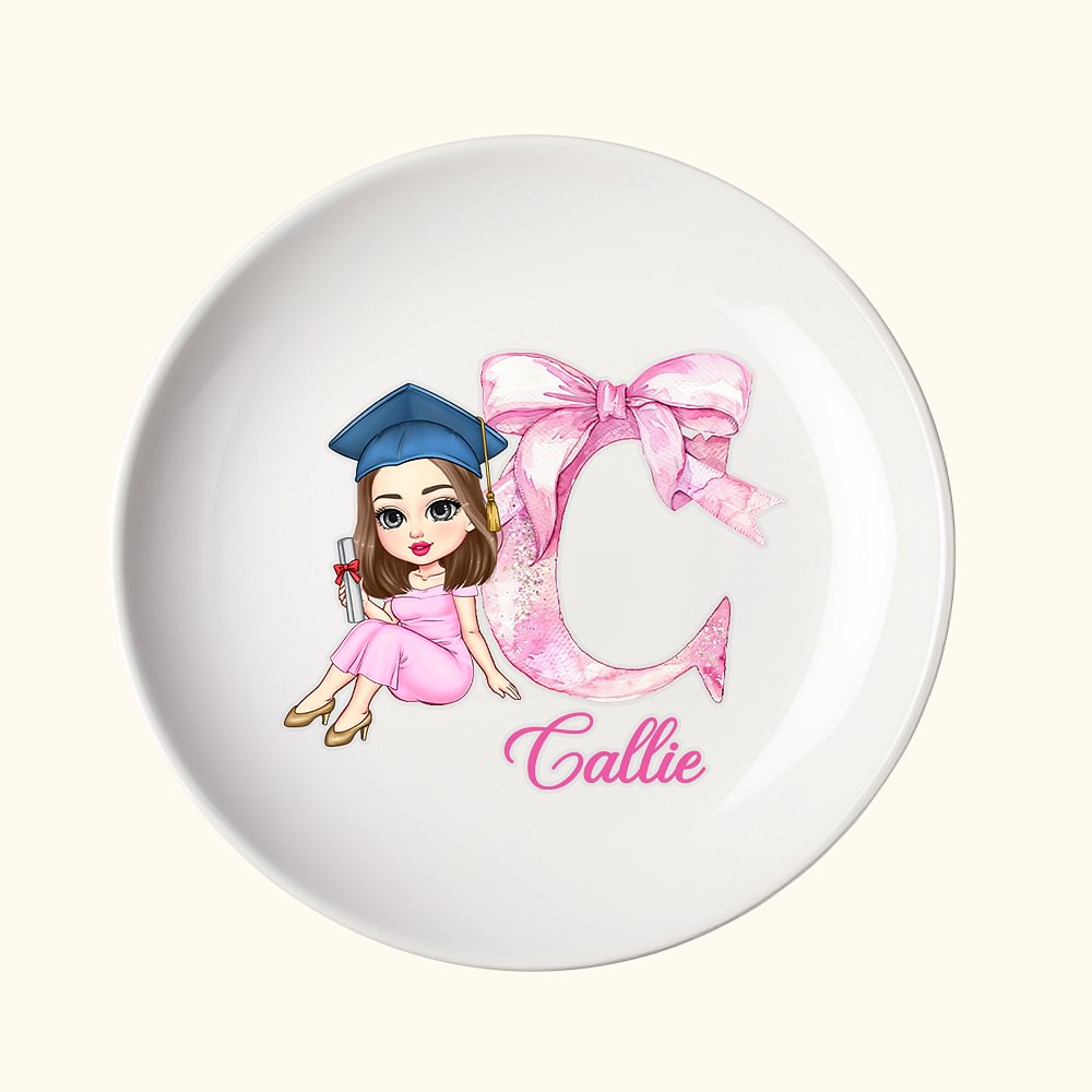 Cadeau de fin d'études personnalisé en céramique avec le nom et les initiales du personnage avec un noeud rose Cadeau de fin d'études pour les femmes