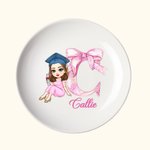 Gepersonaliseerde Graduate Character Pink Bow Initial Ceramic Trinket Jewelry Dish met naam Gefeliciteerd Graduation Gift voor vrouwen