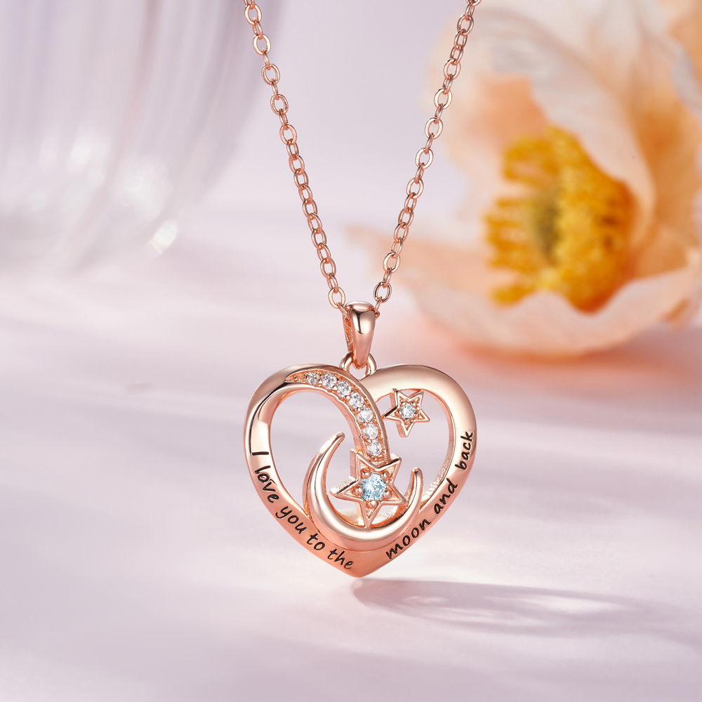 Collier personnalisé étoile lune zircon coeur avec pierre de naissance texte gravé bijou délicat anniversaire cadeau de St Valentin pour femme