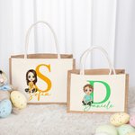 Borsa tote in juta da viaggio personalizzato con nome e iniziale carino personaggio dei cartoni animati regalo di pasqua per bambini e adulti