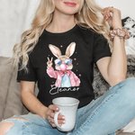 Personalized Easter Bunny Blowing Bubble 100% Cotton Adult T-shirt with Name Easter Birthday Gift for Women
