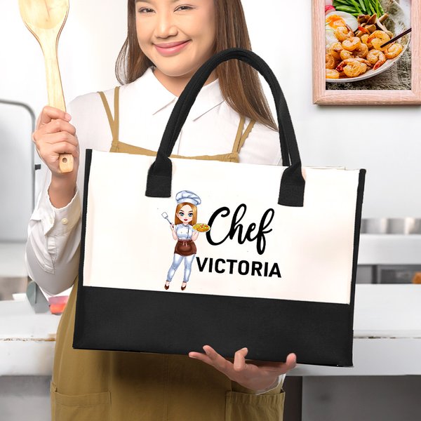 Personalizada Caricatura Chef Personaje Lienzo Grande Bolsa Tote con Nombre Cumpleaños Accesorios de Viaje Regalo para Mujeres Amantes de la Cocina