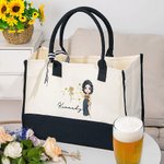 Personalized Zodiac Birth Flower Cartoon Character Black and White Large Canvas Tote Bag with Name Birthday Wedding Gift for Women