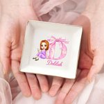 Personalised Graduate Character Pink Bow Initial Ceramic Square Trinket Jewellery Dish with Name Congratulation Graduation Gift for Women