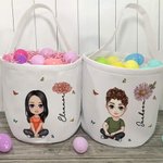 Personalizada Nacimiento Flor Personaje de dibujos animados reutilizable Cesta de lona con nombre Huevo de caza Accesorios Cumpleaños Pascua Regalo para la familia Amigos