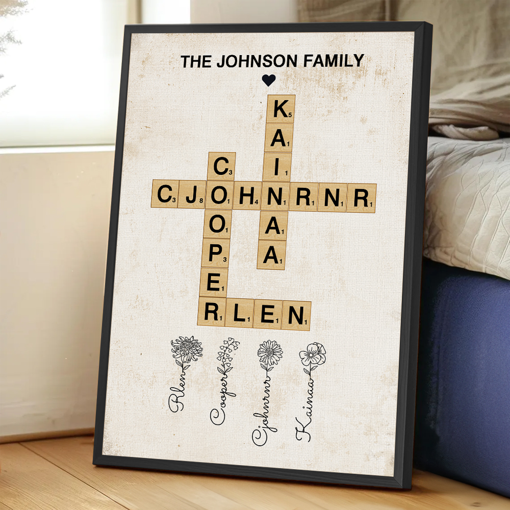 Casse-tête personnalisé Mots croisés Scrabble Poster d'art Peinture sans cadre avec 1-12 Fleurs de naissance Cadeau de pendaison de crémaillère pour membre de la famille
