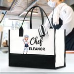 Personalisierte Cartoon Chef Charakter Canvas große Tragetasche mit Namen Geburtstag Reisezubehör Geschenk für Frauen Kochen Liebhaber