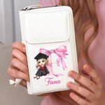 Personalizado Cartoon Graduate Pink Bow Initial Leather Bolso Crossbody Cartera con nombre y ranuras para tarjetas Birthday Travel Accesorios Regalo para Mujeres