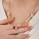 Personalised Bilateral Birth Flower Birthstone Necklace with Names Dainty Jewellery Valentine's Day Anniversary Birthday Gift for Women