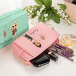 Personalized Zodiac Sign Birth Flower Glitter Cartoon Character  PU Leather Cosmetic Bag with Name Birthday Anniversary Gift for Women