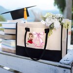 Personalised Cartoon Graduate Character Pink Bow Initial Canvas Large Tote Bag with Name Birthday Travel Accessories Gift for Women