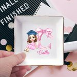 Personalised Graduate Character Pink Bow Initial Ceramic Square Trinket Jewellery Dish with Name Congratulation Graduation Gift for Women