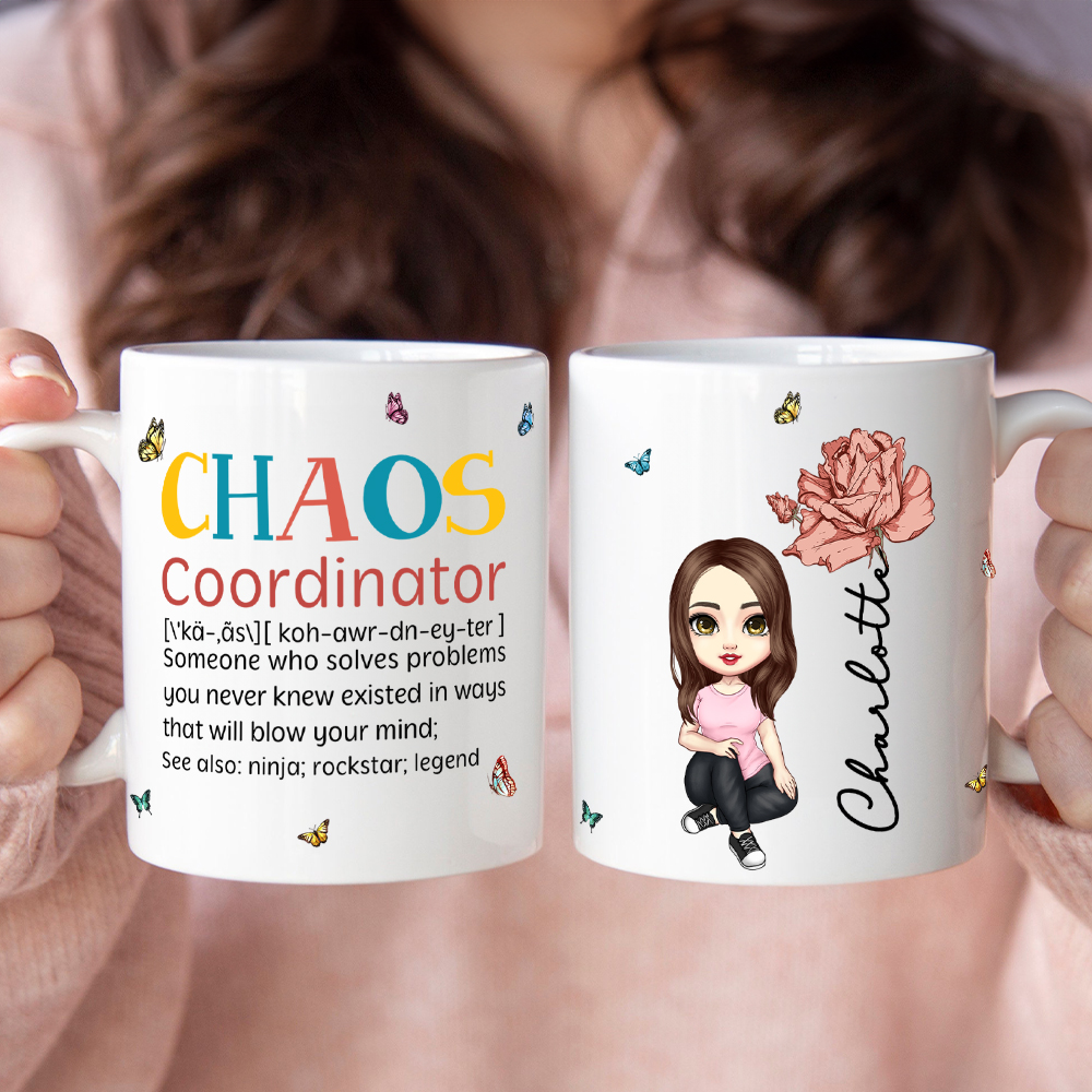 Tasse en céramique avec nom, coordonnateur de chaos, personnage, fleur de naissance, cadeau d'anniversaire pour les amis et la famille.