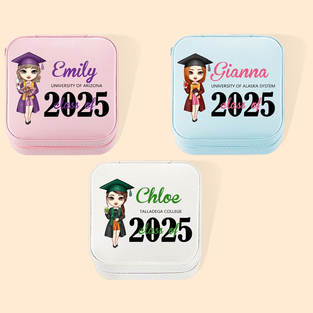 Boîte à bijoux de voyage en cuir personnalisée avec nom et année Cérémonie de remise des diplômes Souvenir Cadeau d'anniversaire pour femmes filles
