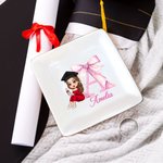 Personalised Graduate Character Pink Bow Initial Ceramic Square Trinket Jewellery Dish with Name Congratulation Graduation Gift for Women