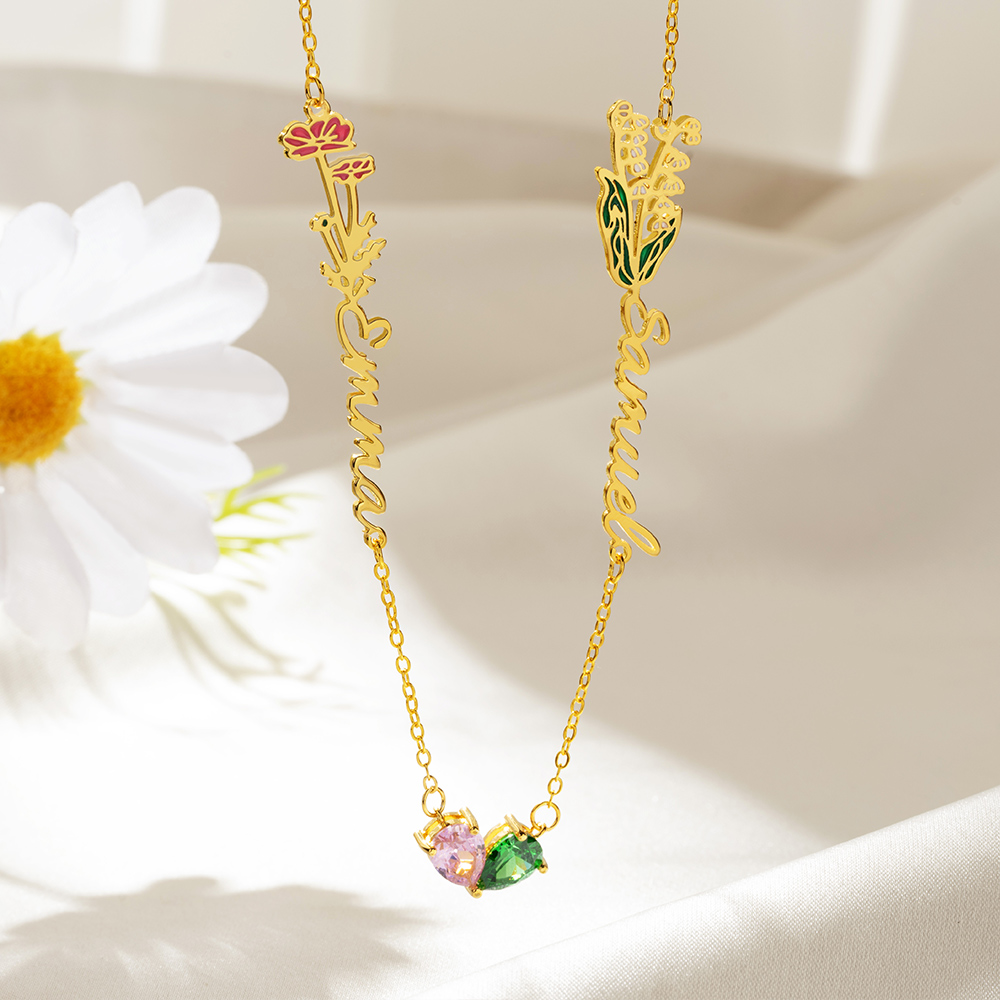 Collier de fleurs de naissance bilatéral personnalisé avec noms Bijoux délicats Cadeau d'anniversaire de la Saint-Valentin pour les femmes