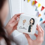 Personalisierte Faux Glitter Sternzeichen Geburt Blume Cartoon Charakter Leder Spiegel Reisen Schmuck-Box mit Namen Geburtstag Urlaub Geschenk für Frauen