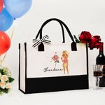 Personalized Zodiac Birth Flower Cartoon Character Black and White Large Canvas Tote Bag with Name Birthday Wedding Gift for Women