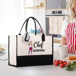 Personalisierte Cartoon Chef Charakter Canvas große Tragetasche mit Namen Geburtstag Reisezubehör Geschenk für Frauen Kochen Liebhaber