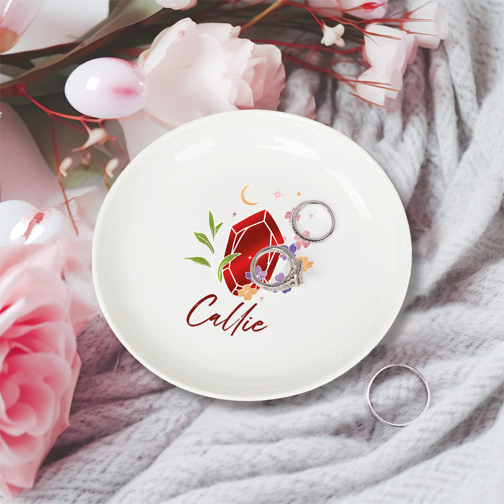 Plat à bijoux en céramique avec nom, pierre de naissance, fleur de lune, cadeau de mariage et de fiançailles pour femmes