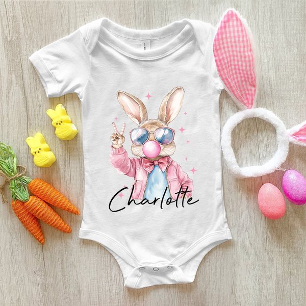 Gepersonaliseerd Paashaasje Bellenblazen 100% Katoenen Baby Bodysuit T-shirt met Naam Paas Baby Shower Gift voor Baby Jongen Meisje