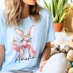 Personalized Easter Bunny Blowing Bubble 100% Cotton Adult T-shirt with Name Easter Birthday Gift for Women