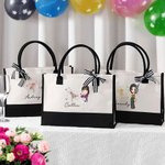 Personalized Zodiac Birth Flower Cartoon Character Black and White Large Canvas Tote Bag with Name Birthday Wedding Gift for Women
