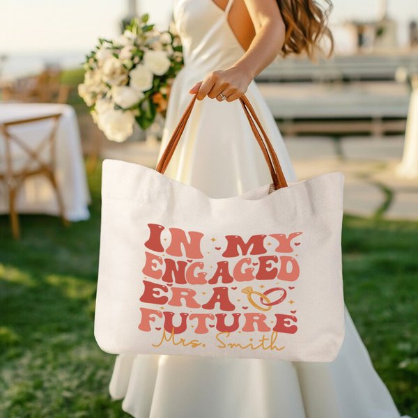 Personalized In My Engaged Era Future Ring Heart Canvas Tote Bag withLeather Handle and Name Engagement Bridal Shower Gift for Women Bridesmaids