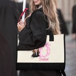 Personalised Cartoon Graduate Character Pink Bow Initial Canvas Large Tote Bag with Name Birthday Travel Accessories Gift for Women