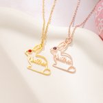 Personalized Birthstone Hollow Bunny Outline Necklace with Name Dainty Jewelry Easter Birthday Gift for Kids Women