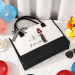 Personalized Zodiac Birth Flower Cartoon Character Black and White Large Canvas Tote Bag with Name Birthday Wedding Gift for Women