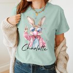 Personalized Easter Bunny Blowing Bubble 100% Cotton Adult T-shirt with Name Easter Birthday Gift for Women