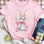 Personalized Easter Bunny Blowing Bubble 100% Cotton Adult T-shirt with Name Easter Birthday Gift for Women